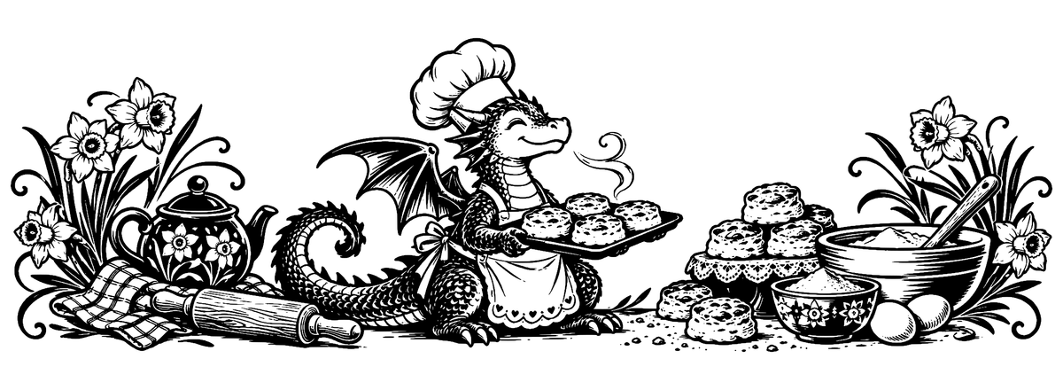 Welsh Dragon Bakery - flat black-and-white panoramic laser engraving artwork. A friendly dragon wearing a chef's hat and apron tends round cakes amid baking tools, daffodils and teatime objects.