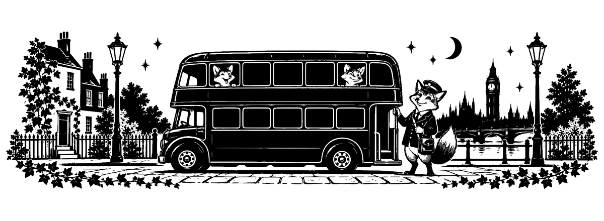 Foxes on the Night Bus - flat black-and-white panoramic laser engraving artwork. A fox conductor stands beside a double-decker bus with fox passengers, street lamps and townhouses beneath a moonlit sky.