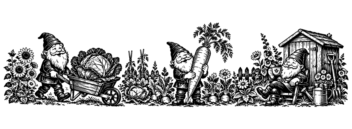 Gnome Allotment Club - flat black-and-white panoramic laser engraving artwork. Three gnomes garden and take tea near a shed, with a wheelbarrow, an oversized cabbage and a large carrot.