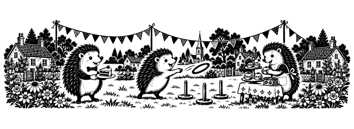 Hedgehog Village Fête - flat black-and-white panoramic laser engraving artwork. Three hedgehogs enjoy a small village fête with cake, bunting and a ring-toss game among cottages and flowers.