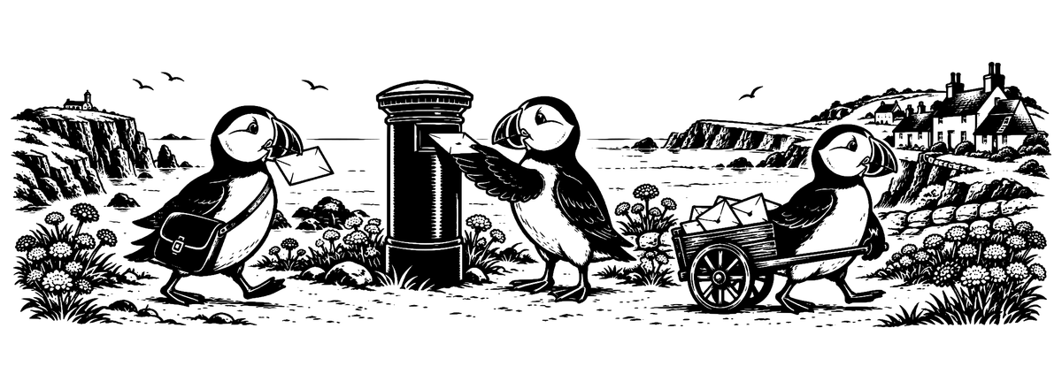 Puffin Post Parade - flat black-and-white panoramic laser engraving artwork. Three puffin postal characters carry and deliver envelopes beside a plain pillar box in a coastal village scene.