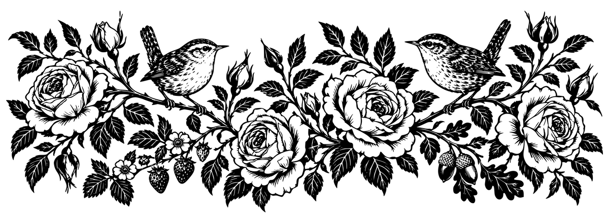 Rose & Wren Garden — flat black-and-white panoramic laser engraving artwork. English garden roses, wrens, strawberry leaves and acorns in a flowing original botanical linocut.