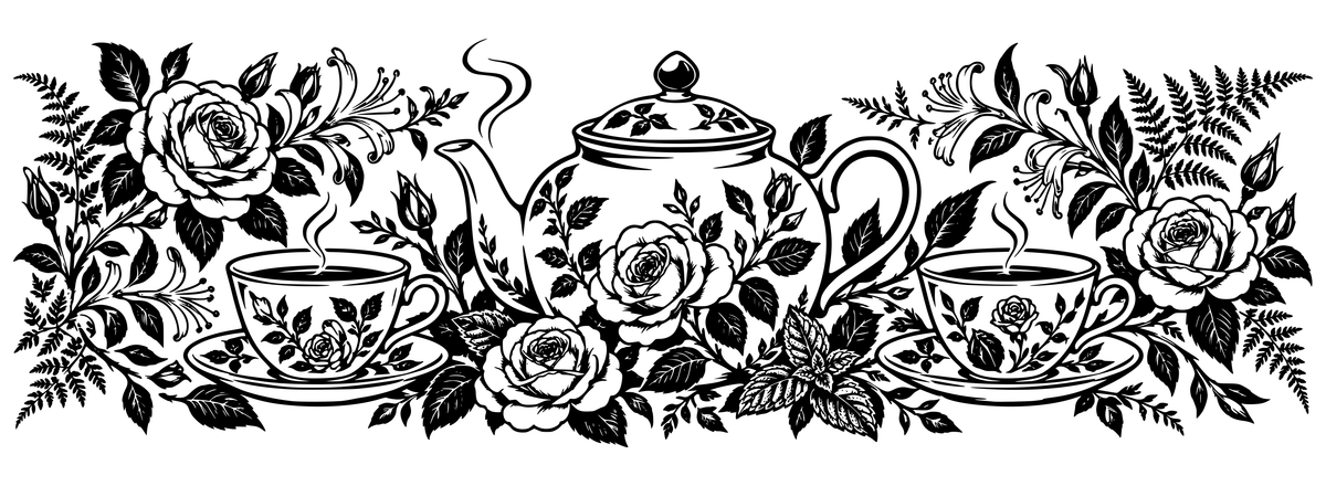 Tea Garden Reverie — flat black-and-white panoramic laser engraving artwork. An ornate teapot, two teacups and garden flowers arranged as an elegant British tea-time ornamental panorama.