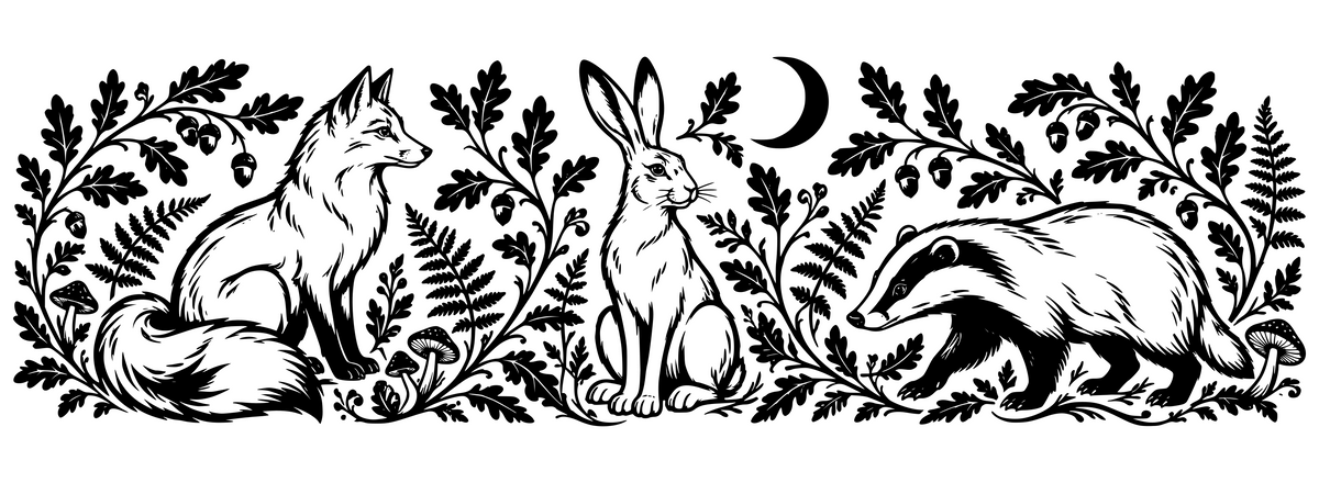 Woodland Moon Dance — flat black-and-white panoramic laser engraving artwork. A fox, hare and badger among oak leaves, ferns and mushrooms beneath a crescent moon.