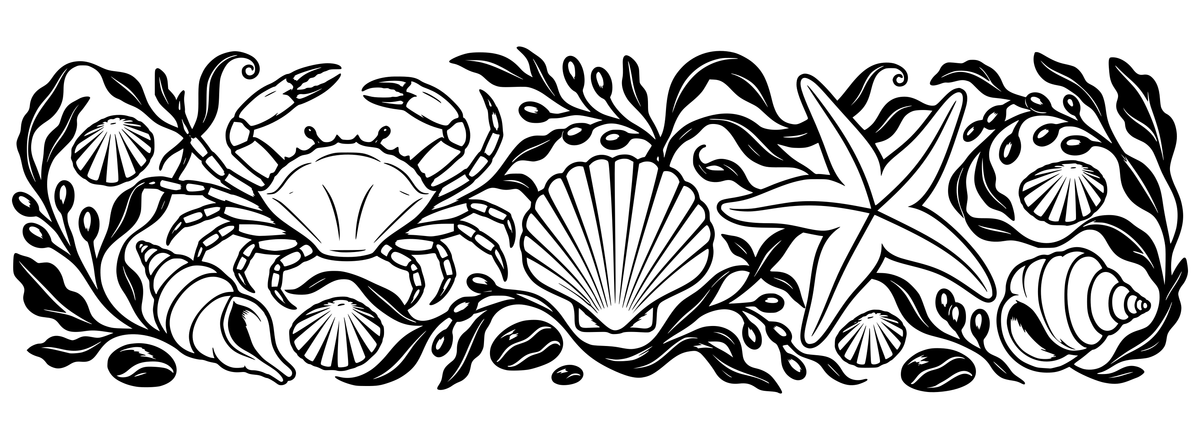 Coastal Rockpool Curiosities — flat black-and-white panoramic laser engraving artwork. British-shore-inspired crabs, starfish, shells and seaweed woven into a flowing marine specimen design.