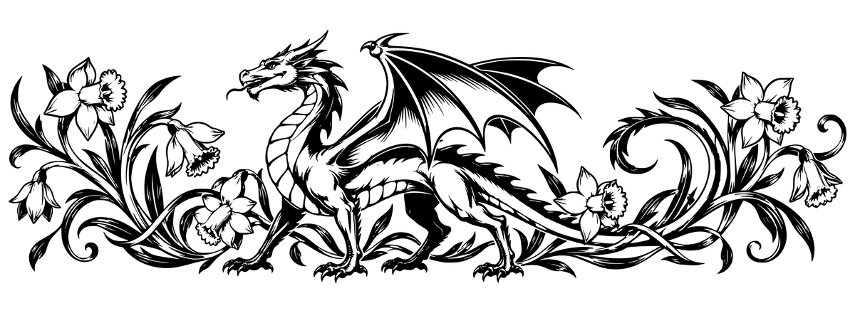 Welsh Dragon & Daffodil — flat black-and-white panoramic laser engraving artwork. An original heraldic dragon with daffodils and interlaced leaf ornament, inspired by Wales.