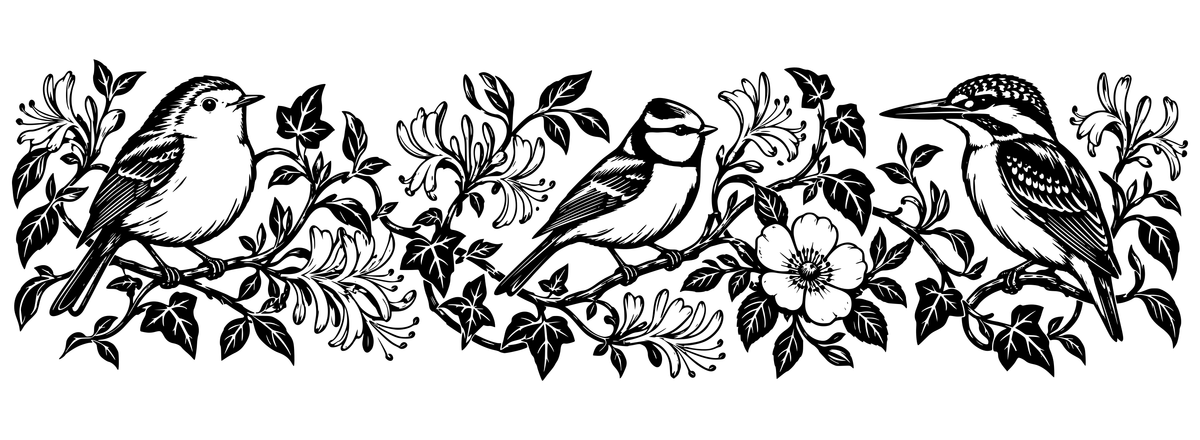 British Birdsong Trellis — flat black-and-white panoramic laser engraving artwork. A robin, blue tit and kingfisher perched among honeysuckle, ivy and garden flowers.
