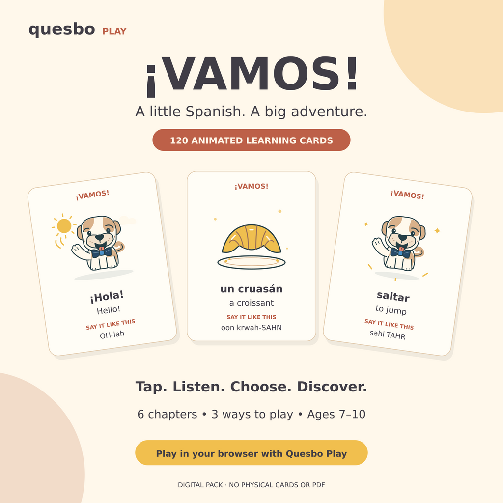 VAMOS! 120 animated Spanish learning cards with English meanings and pronunciation cues.