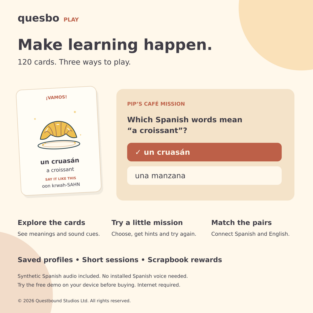 VAMOS! 120 cards with Spanish and English, pronunciation cues, missions and matching.