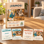 Vamos! Spanish game box with greeting and bakery situation cards and matching Spanish phrases on a wooden table.