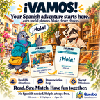Vamos! illustrated overview with a pigeon greeting a raccoon baker and matching Spanish situation and phrase cards.