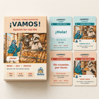 Vamos! Spanish game box beside paired greeting and bakery cards showing '¡Hola!' and 'Un cruasán, por favor.'