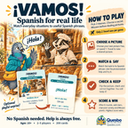 Vamos! how-to-play guide showing picture selection, matching and speaking Spanish, checking pairs and scoring.