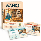 Vamos! Spanish game box with greeting and bakery cards fanned in front on a white background.