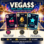 VEGA$$ illustrated overview with a Las Vegas skyline and cherries, bells and neon star cards above game features.