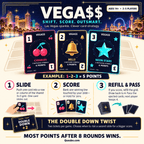 VEGA$$ how-to-play guide illustrating sliding cards into a grid, scoring winning lines and using Double Down.