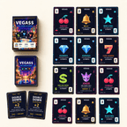 VEGA$$ box and deck beside a three-by-three grid of symbol cards, Double Down cards and a sample hand.