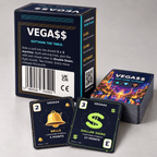 Back of the VEGA$$ game box beside a stacked deck and Bells and Dollar Signs cards on a cream background.