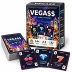 VEGA$$ game box and deck with Cherries, Diamonds and Lucky Sevens cards displayed on white.