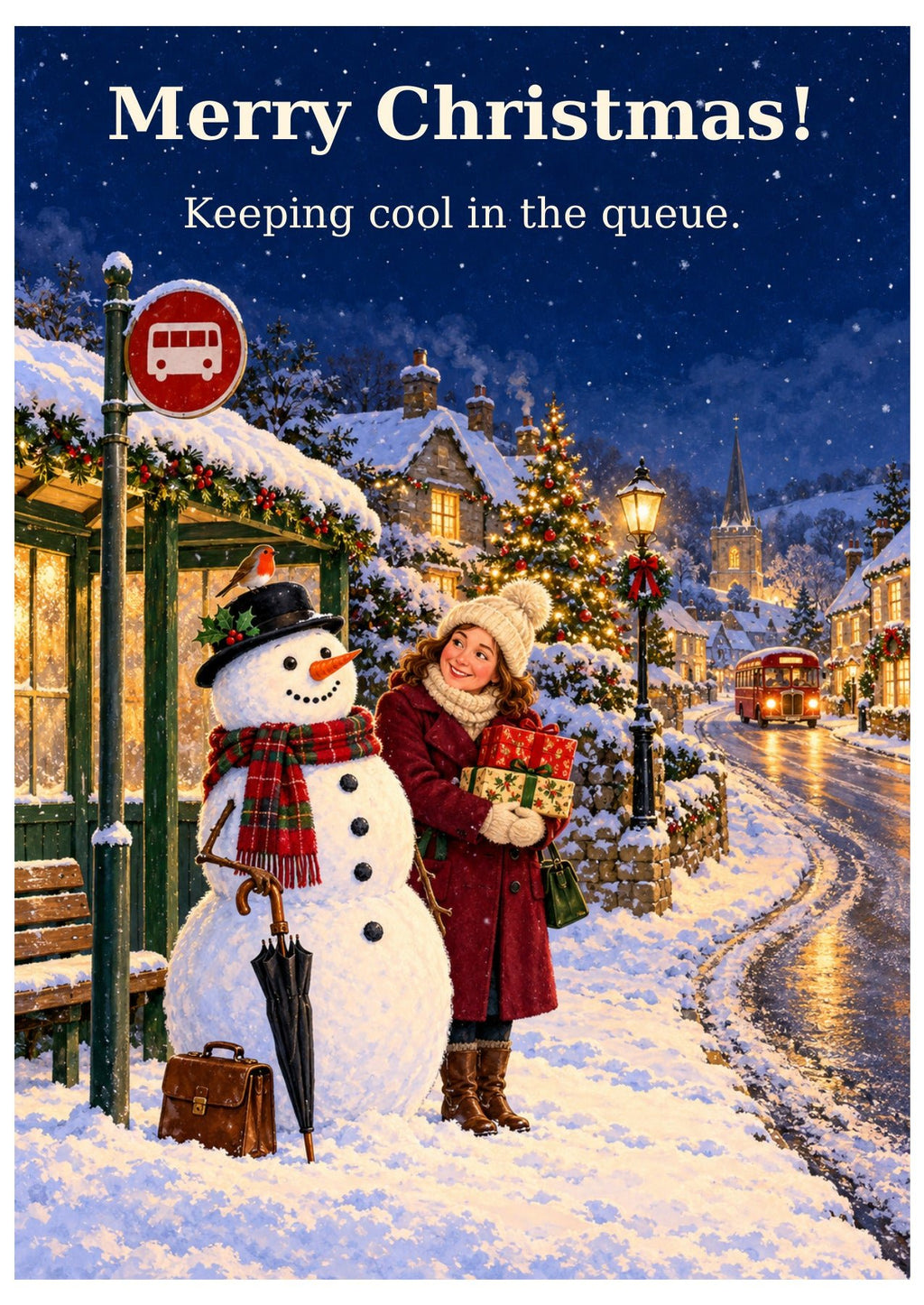 British Christmas queue card with “Merry Christmas!” and “Keeping cool in the queue.”