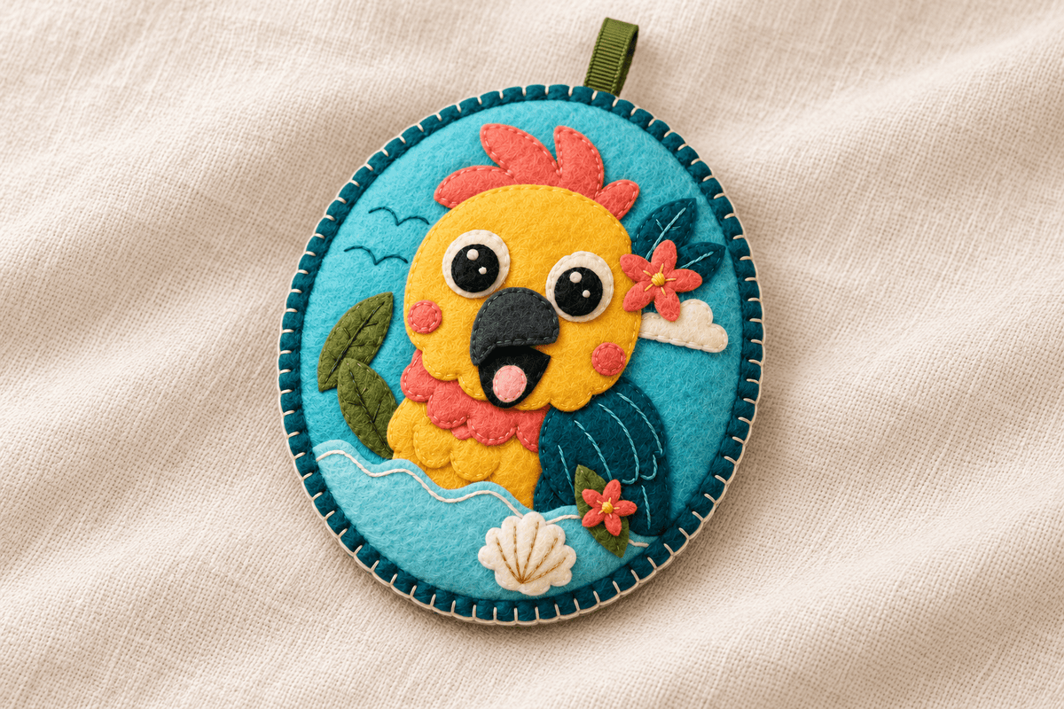 Angled illustrative view of the tropical felt parrot charm showing layered hand stitching, embroidered feathers and a short ribbon loop.