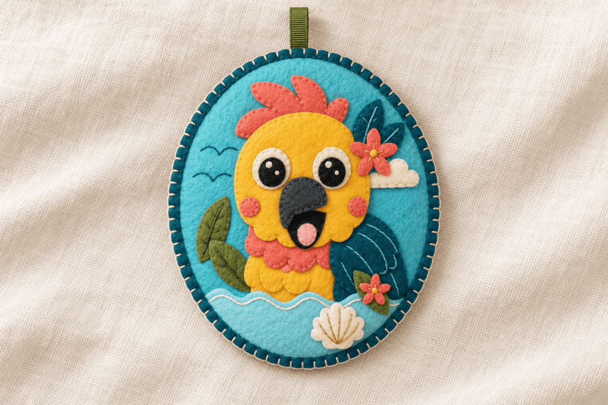 Illustrative finished felt parrot hanging charm with yellow face, coral crest, teal feathers, flowers and shell; PDF sewing guide only.