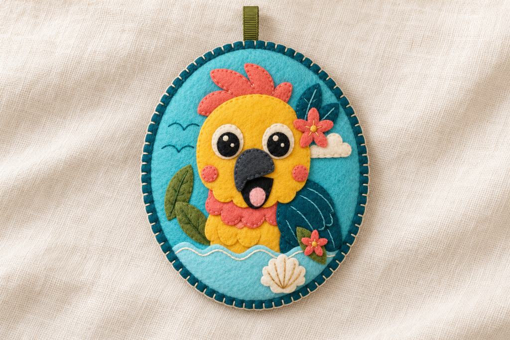 Illustrative finished felt parrot hanging charm with yellow face, coral crest, teal feathers, flowers and shell; PDF sewing guide only.