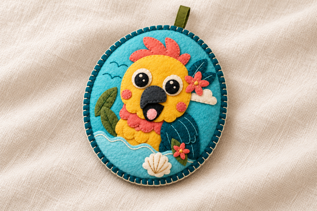 Angled illustrative view of the tropical felt parrot charm showing layered hand stitching, embroidered feathers and a short ribbon loop.