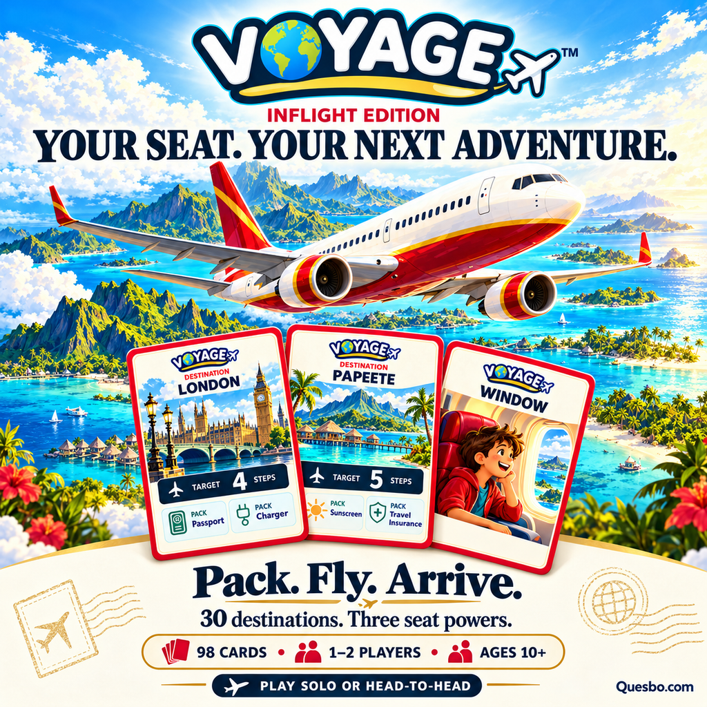 VOYAGE™ Inflight Edition – Travel Card Game for 1–2 Players | Ages 10+ - Quesbo