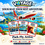 VOYAGE Inflight Edition illustrated overview showing an aeroplane over a tropical coast with destination and seat cards.