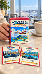 Hand holding the VOYAGE Inflight Edition box above London and Papeete cards in an airport café.