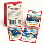 Back of the VOYAGE Inflight Edition box beside London destination, Passport and Charger cards on white.