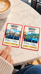 Hand pointing to a London destination card beside a Papeete card from VOYAGE Inflight Edition at a café table.