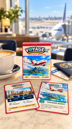 VOYAGE Inflight Edition box and cards beside coffee and a passport at an airport café overlooking an aeroplane.