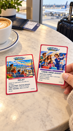 Hand holding a VOYAGE Inflight Edition Cabin Crew Assist card beside a Delay card, coffee and travel luggage.