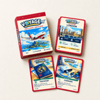 VOYAGE Inflight Edition red box beside London destination, Passport and Charger cards on a cream background.