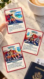 VOYAGE Inflight Edition Window, Aisle and Middle seat cards beside a passport and coffee on a café table.