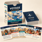 VOYAGE Jet Set Edition open game box, deck and VIP, destination and event cards on a cream background.