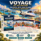 VOYAGE Jet Set Edition illustrated overview with a private jet, game box and VIP, destination and skill cards.