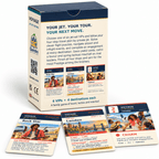Back of the VOYAGE Jet Set Edition game box beside Rock Star, London and Charm cards on white.
