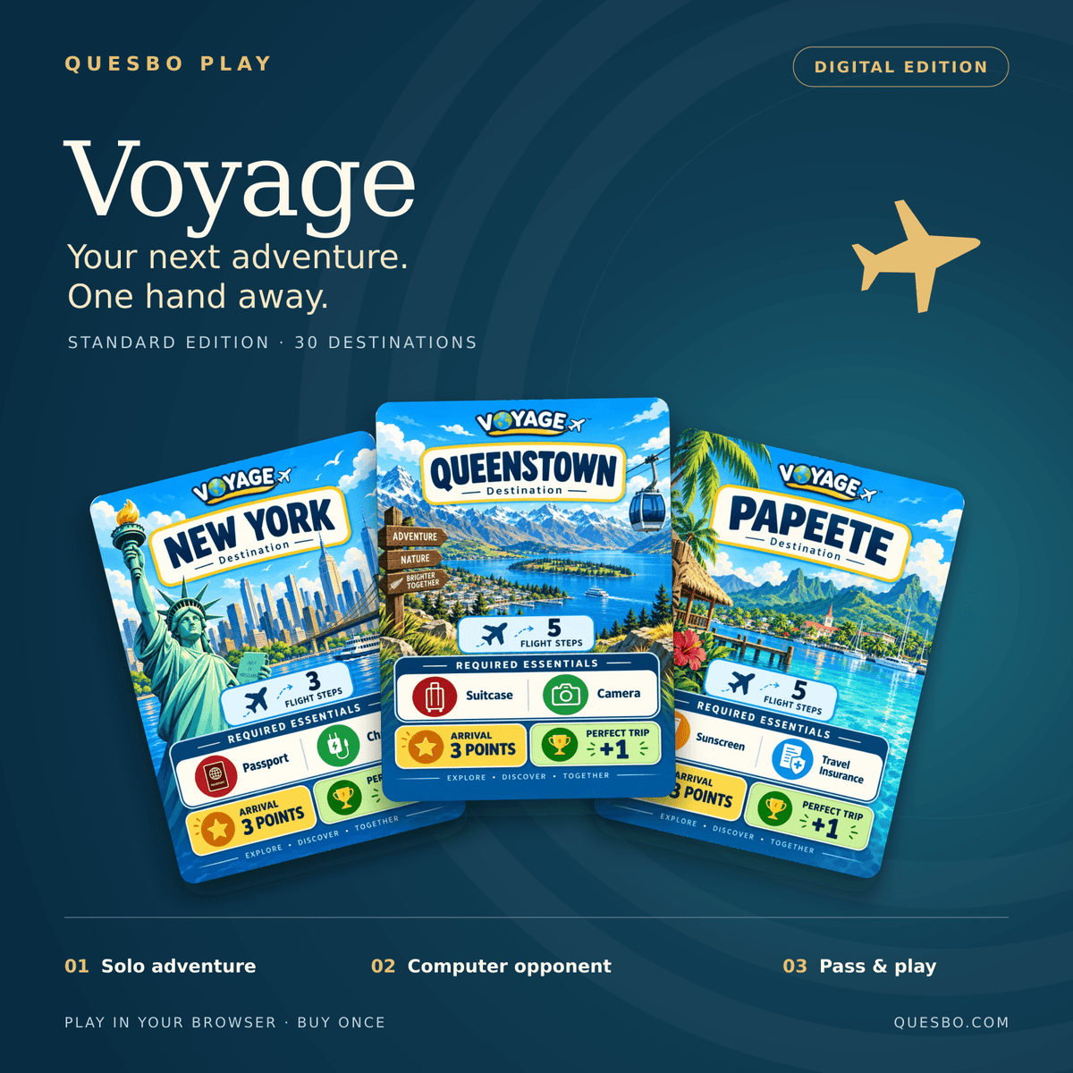 Voyage Standard Edition digital browser game featuring the original New York, Queenstown and Papeete destination cards. Solo, computer opponent and local pass-and-play.