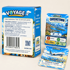 Back of the blue Voyage game box beside a Queenstown destination card and a Smooth Flight card.