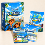 Voyage game box with a card back, Queenstown destination card and Smooth Flight card displayed in front.