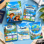 Voyage box, Queenstown and Bali destination cards and Smooth Flight card arranged with a passport and model aeroplane.