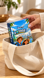 A hand places the compact blue Voyage card game box into a cream canvas tote bag.