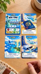 Voyage New York, Passport, Direct Flight and Charger cards arranged in a square on a wooden table.
