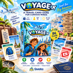 Voyage illustrated product overview with the game box, sample cards, travel accessories and player information.
