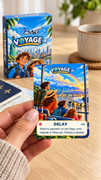 A hand holds a Voyage Delay card in front of the game box on a wooden table.