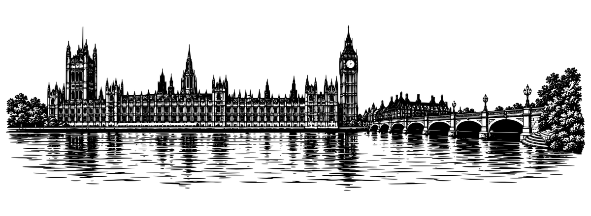 Westminster Riverside: black-and-white panoramic laser engraving artwork, design only.