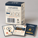Back of the WHAT'S LOCKED? box beside a numbered key, Clockwork Train Doors puzzle and lock-backed card.